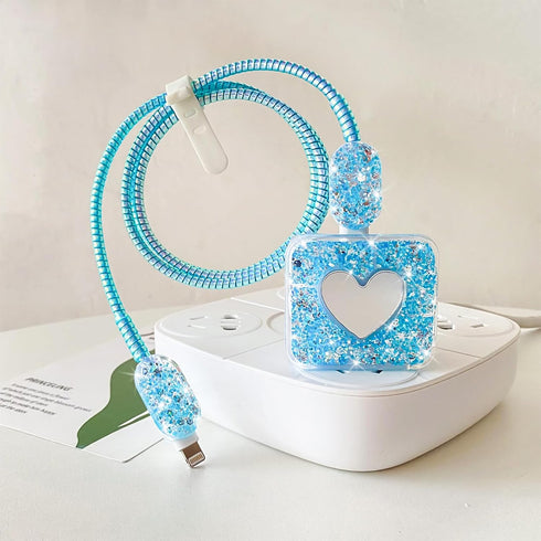 Bling DIY Cable Protector for iPhone Power Adapter, Cute Sparkle Love Heart Design, USB Case Wire Cable Saver (Blue)