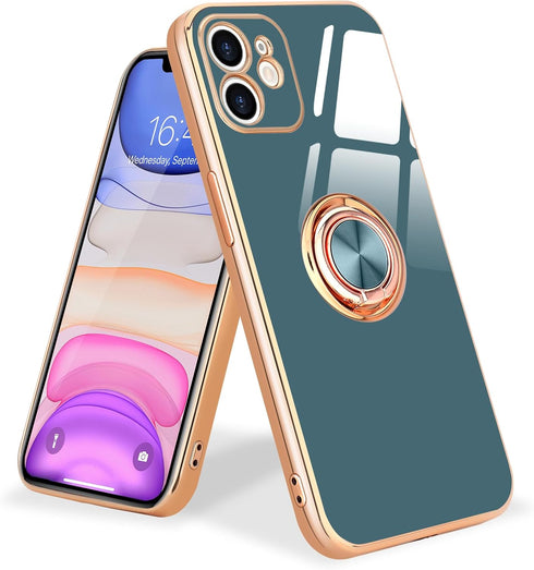 iPhone 11 Phone Case with 360° Rotatable Finger Ring Holder, Magnetic Shiny Gold Plated Edge, Shockproof Soft TPU