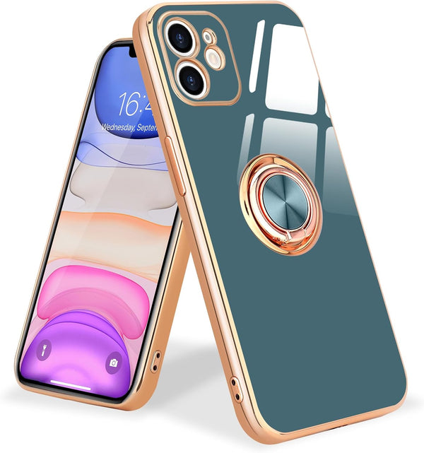 iPhone 11 Phone Case with 360° Rotatable Finger Ring Holder, Magnetic Shiny Gold Plated Edge, Shockproof Soft TPU