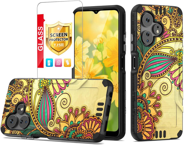 TJS Hybrid Shockproof Case for Boost Mobile Celero 5G + Plus 2024, Antique Flower, with Tempered Glass Screen Protector.