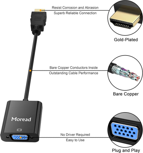 HDMI to VGA Adapter, Uni-Directional Gold-Plated (Male to Female) for Computer, Laptop, Monitor, Projector, Black