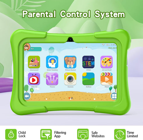 PRITOM 7 inch Kids Tablet with WiFi, 32GB, Bluetooth, Camera, Parental Control, Green