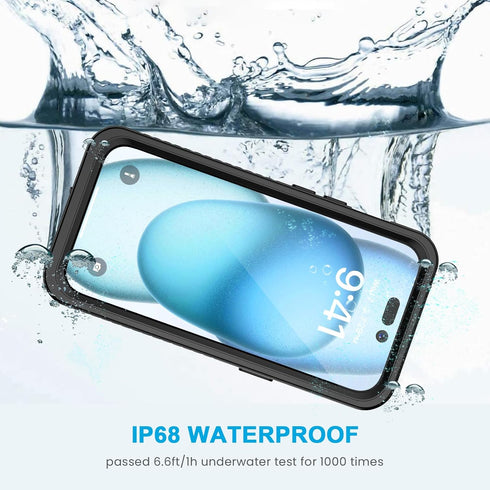 Lanhiem IP68 Waterproof Case for iPhone 15, Dustproof, Shockproof, Built-in Screen Protector, 6.1 inch, Black/Clear