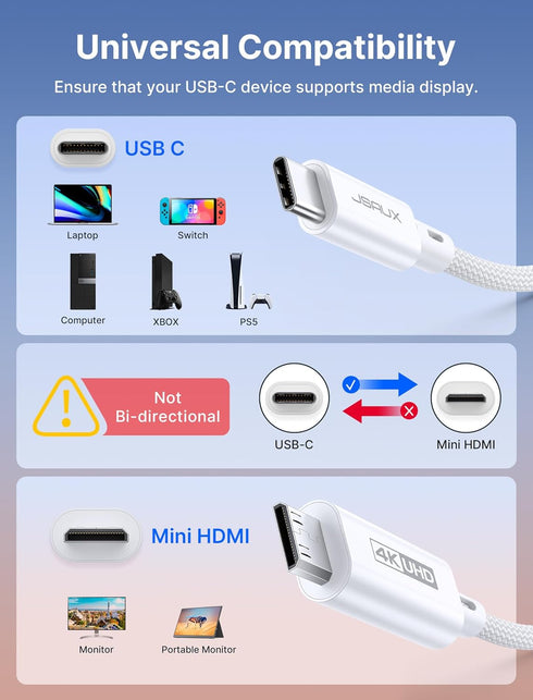 JSAUX USB-C to Mini HDMI Cable, 6.6FT High Speed 4K Cord for Laptop to Portable Monitor, Compatible with Steam Deck