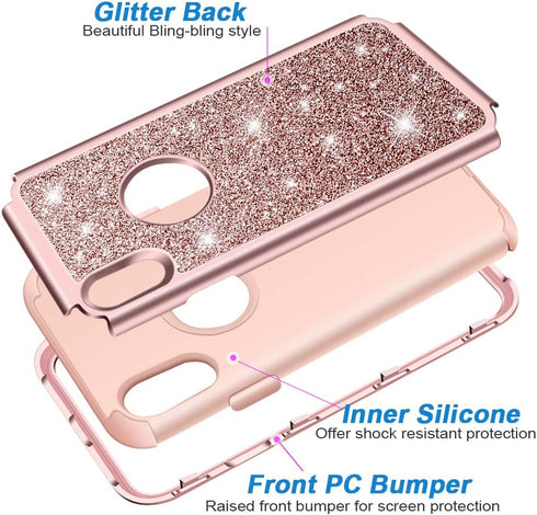 Hython iPhone XR Case - Heavy Duty Full-Body Armor, Shockproof Silicone Bumper, Rose Gold Glitter, 6.1-Inch.