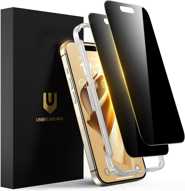 UNBREAKcable iPhone 15 Pro Max Privacy Screen Protector, 9H Shatterproof Glass, 28° Anti-Spy, 2-Pack with Installation