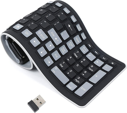 Wireless Silicone Keyboard, Portable Foldable Roll Up Soft Rubber Keyboard for PC, Laptop, and Travel (Black and Gray).