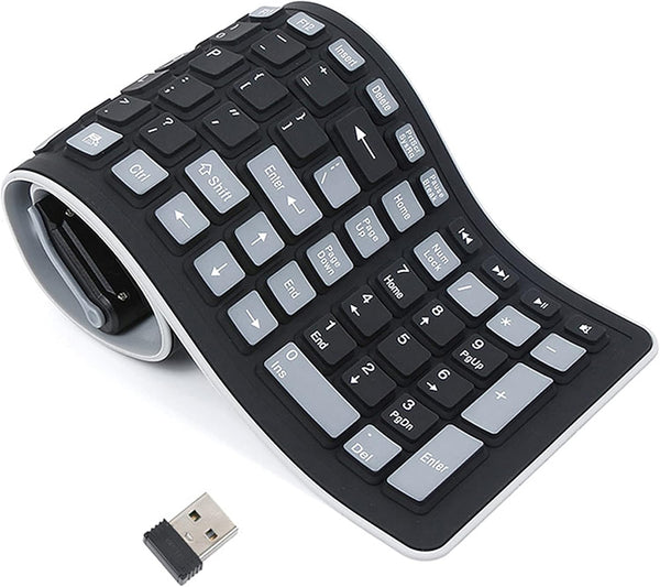 Wireless Silicone Keyboard, Portable Foldable Roll Up Soft Rubber Keyboard for PC, Laptop, and Travel (Black and Gray).