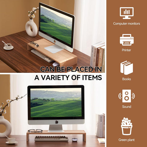 KIRIGEN Monitor Stand Wooden, Desk Stand for Computer/Laptop/TV Printer, Desktop Workspace Platforms Stands, Natural