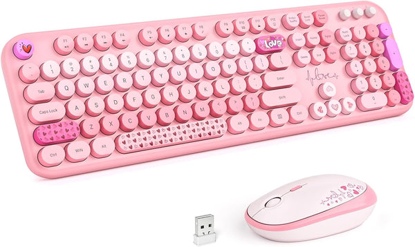 Wireless Keyboard and Mouse Combo, MOWUX Full Size Typewriter Retro Round Keyboard, Cute Optical Mouse for Laptop, PC