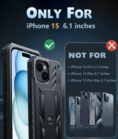 FNTCASE for iPhone 15 Phone Case: Military Grade Shockproof Full Protection Hard Phonecase with Kickstand - Dual Layer Matte Textured Drop Proof Rugged Protective Cover - 6.1 Inch Black