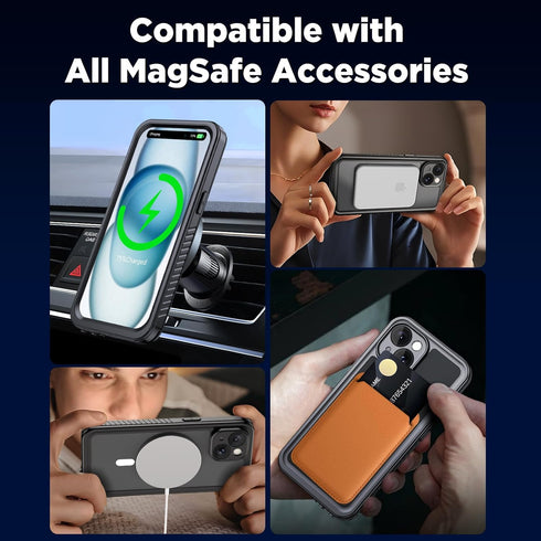 iPhone 15 Magnetic Case Waterproof with Built-in Screen Protector, Heavy Duty Dustproof Full Body Cover, Black 6.1 Inch