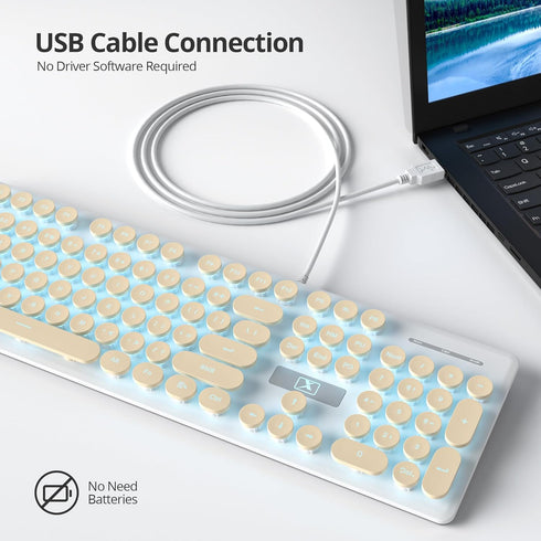 iTastatur 104-key Typewriter Keyboard Punk Gaming Retro Keyboard LED Ice Blue Backlit Cute Keyboard with Wired USB