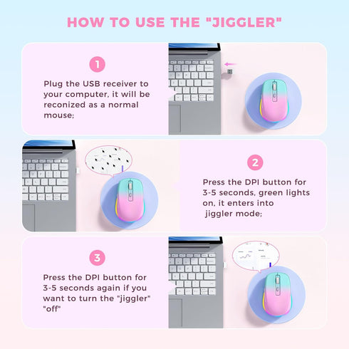 Wireless Mouse Jiggler - LED Wireless Mice with Build-in Mouse Jiggler Mover, Rechargeable Moving Mouse for Computer with Undetectable Random Movement Keeps Computer Awake - Gradient Pink