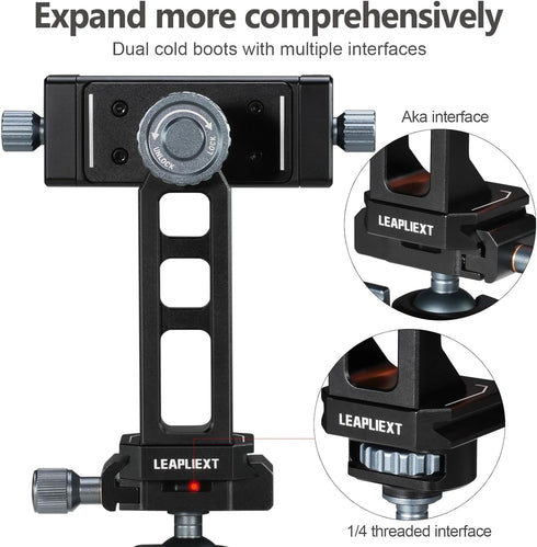 LEAPLIEXT 360 1/4" 3/8" 16/15/14/13, Metal Phone Holder for Tripod - Rotation with Arca Swiss Quick Release, & Thread