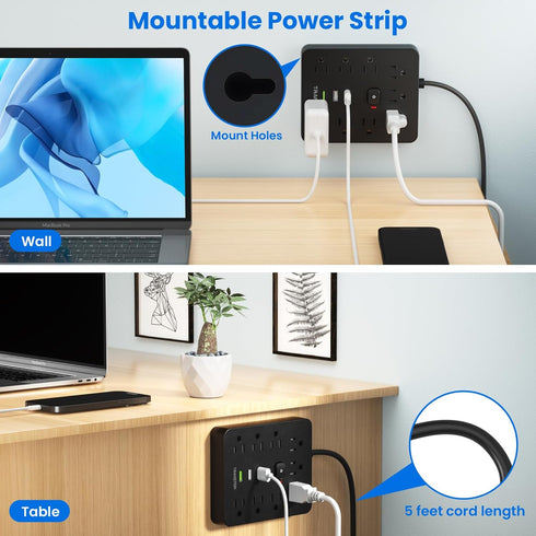 Power Strip Surge Protector with 9 Outlets, 3 USB Ports, Fireproof Desktop Charging Station, 5 ft Long Extension Cords,
