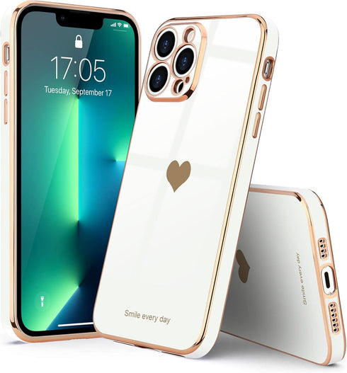 Teageo Cute Love-Heart Luxury Bling Plating Soft Back Cover Case for iPhone 13 Pro Max, White, with Raised Camera