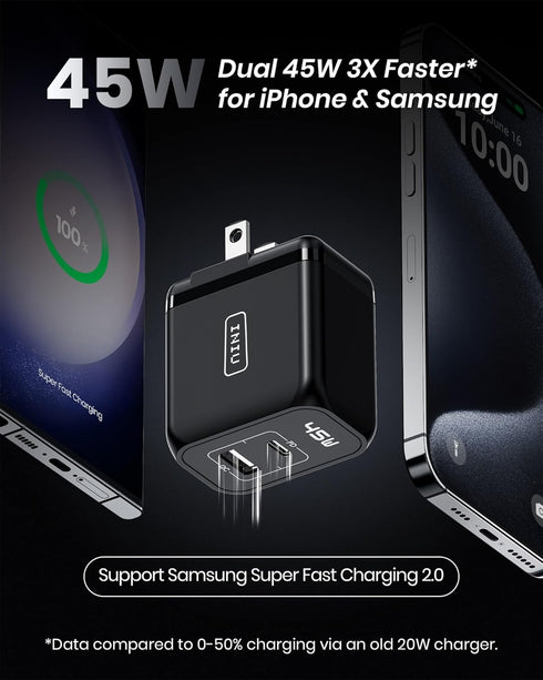 INIU 2-Port 45W S23 16 15 14 USB C Charger, Super Fast Charger Type C, Mini Foldable PD PPS USB C Wall Charger Block by