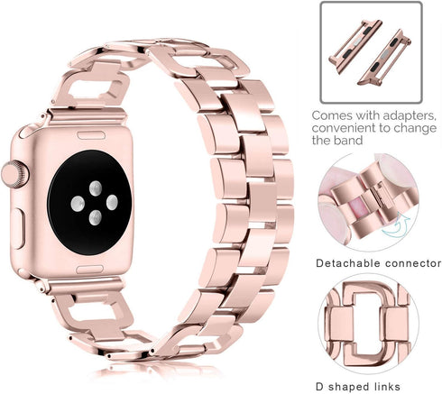 OULUCCI Compatible Apple Watch Band, 44mm 42mm 45mm 49mm, Women Stainless Steel Wristband D-Shape Strap Rose Gold