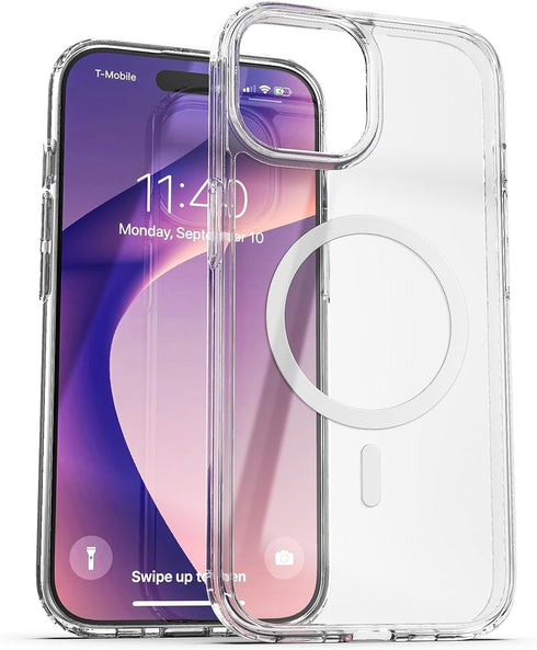 ENCASED Clear Case for iPhone 15 with Removable Magnetic Grip, Flat Collapsible Phone Holder, Compatible with MagSafe