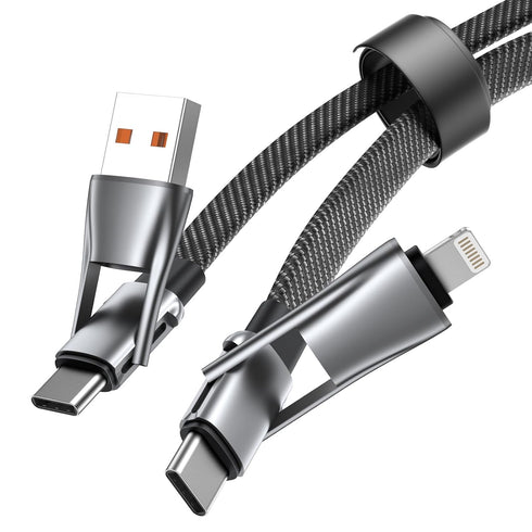 4 in 1 Multi Charging Cable, PD 60W Fast Charging USB C Multi Charger Cable, Zinc Alloy Flat Braided with Velcro Strap