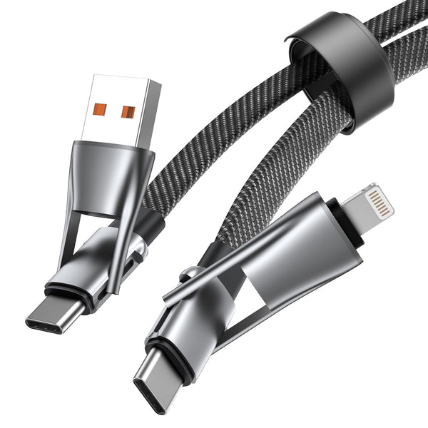 4 in 1 Multi Charging Cable, PD 60W Fast Charging USB C Multi Charger Cable, Zinc Alloy Flat Braided with Velcro Strap