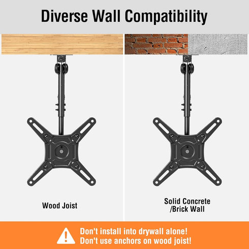 ELIVED Flip Down Ceiling TV Mount for Most 14-40 Inch TVs, Height Adjustable Full Motion Bracket 360° Swivel, Max VESA