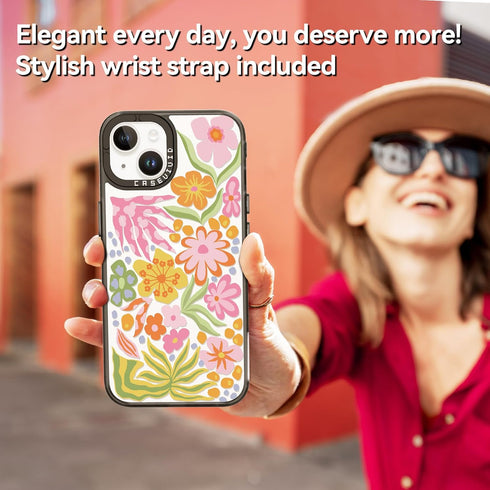 Cute Aesthetic iPhone 15 Case - Durable Girly Passion Flower Print Cover for Women, 6.1 inches, Black.