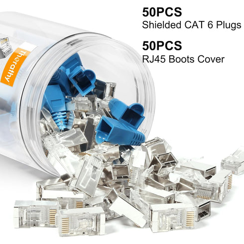 RJ45 Connectors, 50PCS Shielded Pass Through Connector, Cat 6 Gold Plated 3 Prong 8P8C with 50PCS Strain Relief Boots