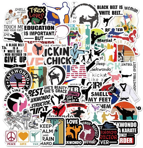 Taekwondo Stickers, 50 Pcs Martial Arts Black Belt Self-Protection Decals for Laptop, Water Bottle, and Party Supplies