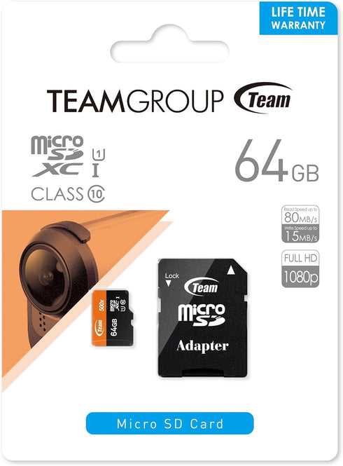 Team 64GB microSDXC UHS-I/U1 Class 10 Memory Card with Adapter, Speed Up to 80MB/s (TUSDX64GUHS03)