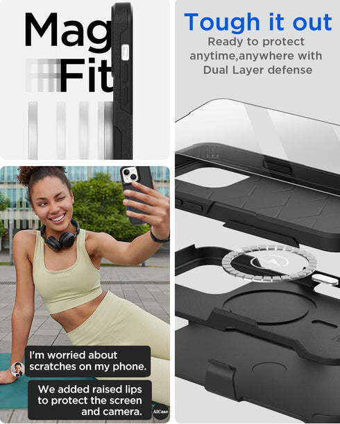AICase iPhone 13 Heavy Duty Belt Clip Case with Rugged Shockproof Protection & Glass Screen Protector, Compatible with