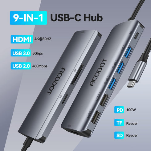 Acodot 9 1 3 4K 5 100W USB C Hub, in Type C Hub Adapter Portable Docking Station Aluminum Dongle Compatible