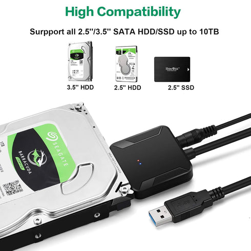 SATA to USB 3.0 Adapter, External Hard Drive Converter Cable for 2.5" 3.5" HDD, SSD with Power Supply