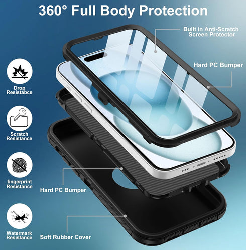 Shop iPhone 15 Plus Case - Heavy Duty, Full Body Rugged, Built-in Screen Protector, Shockproof & Dustproof, 6.7” Black.
