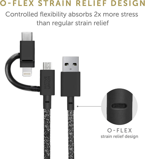 Native Union Belt Cable Universal 6.5ft, MFi Certified Durable Charging Cable with 3-in-1 Adaptor for Lightning, USB-C,