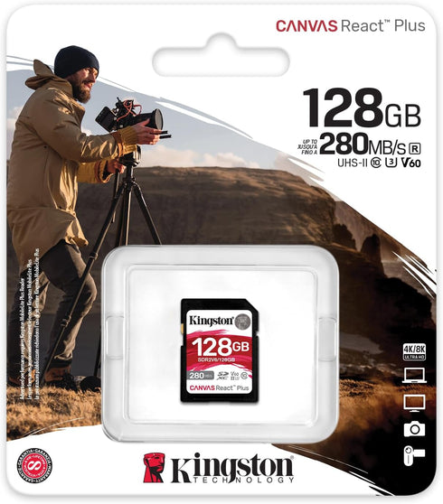 Kingston Canvas React Plus V60 SD 128GB - SDXC UHS-II 280R/100W U3 V60 for Full HD/4K