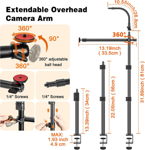 13.4-31.9" 1/4" 3-Section Overhead Camera Mount Desk Stand, Height Articulating Top Down Camera Mount with C-Clamp