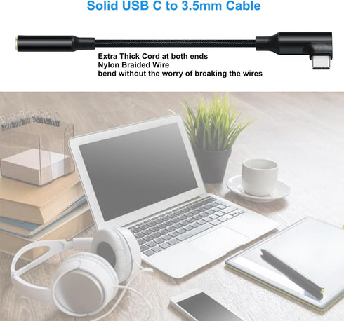 Angled USB Type C to 3.5mm Audio Adapter - USB-C to Aux Dongle for Android, Tablet, Laptop, Speaker, Car Stereo, Black.