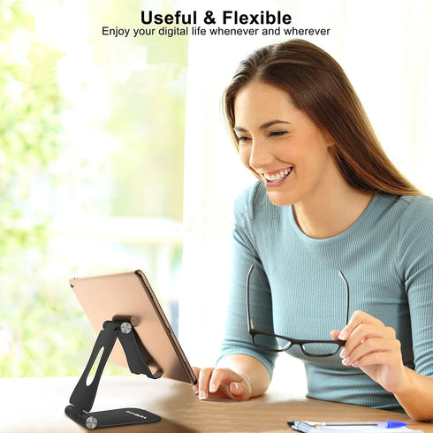 YOSHINE Upgraded Phone Stand for Desk, Adjustable Foldable Aluminum Holder for All iPhone Smartphones and iPad Tablets