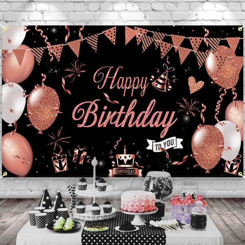 KOKAR Happy Birthday Decorations Banner, Large Black and Rose Gold Sign for Girls Women Birthday Party
