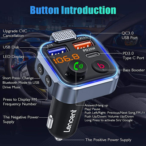 LENCENT Wireless Bluetooth 5.0 FM Transmitter Car Kit, Type-C PD 20W + QC3.0 Fast USB Charger, Hands-Free Calling, Hi