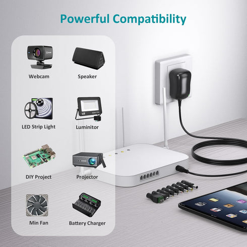 12W Universal Power Supply 12V 9V 7.5V 6V 5V 4.5V 3V 1A AC to DC Adapter for LED Strip, Router, CCTV