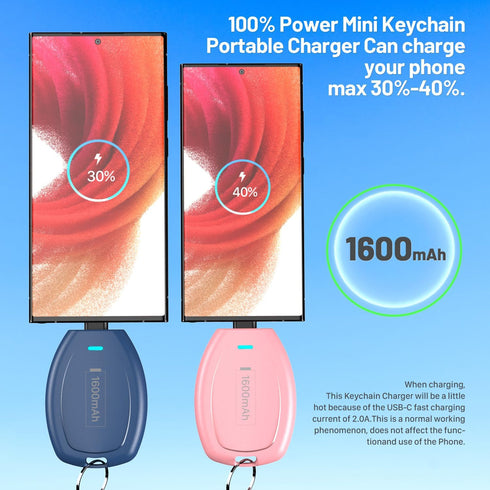 (2-Pack USB C Keychain Portable Charger, 1600mAh Mini Power Bank Ultra-Compact Battery Pack Power Emergency pod for Android Type-C Phones Samsung, Pixel, Moto etc-Pink&Blue