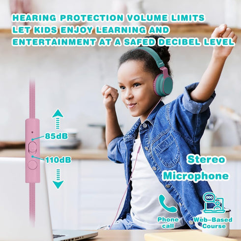 Volume Limited 85/96dB Kids Headphone Over-Ear/On-Ear Foldable Sound Noise Protection Headset with Mic (Cyan)