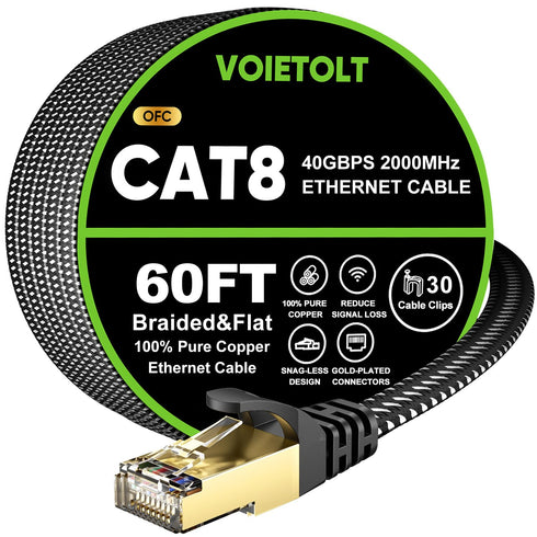 Cat 8 Ethernet Cable 60 FT Flat, High Speed 40Gbps 2000Mhz Braided