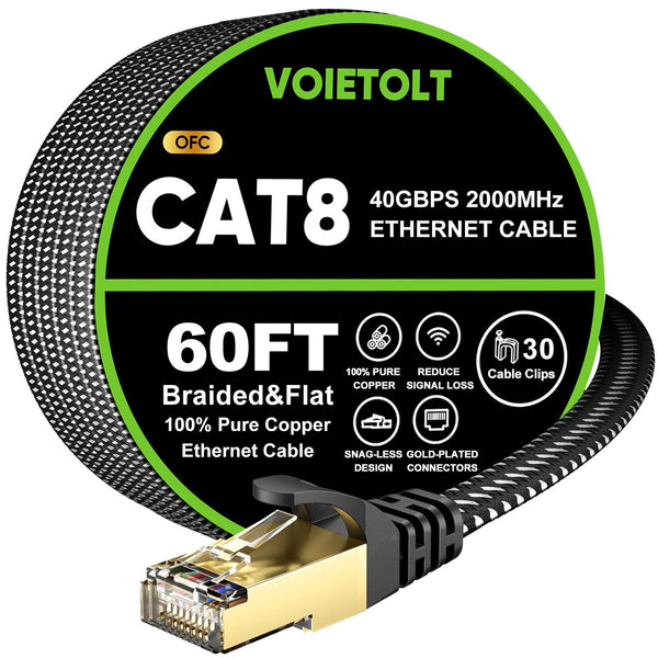 Cat 8 Ethernet Cable 60 FT Flat, High Speed 40Gbps 2000Mhz Braided