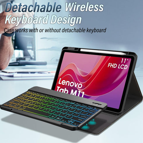 Lenovo Tab M11 11 inch 2024 Case with Keyboard, 7 Color Rainbow Backlight Detachable Bluetooth Keyboard Cover