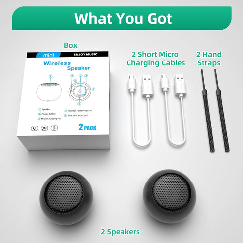 SEVENKA 2 Bluetooth Mini Speakers, 3W Portable Wireless Speaker with Lanyard, Water Resistant, Rechargeable (Black)