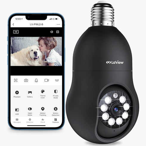 LaView 4MP Bulb Security Camera 2.4GHz, 360° Wireless Outdoor Indoor Full Color Day and Night, Motion Detection,